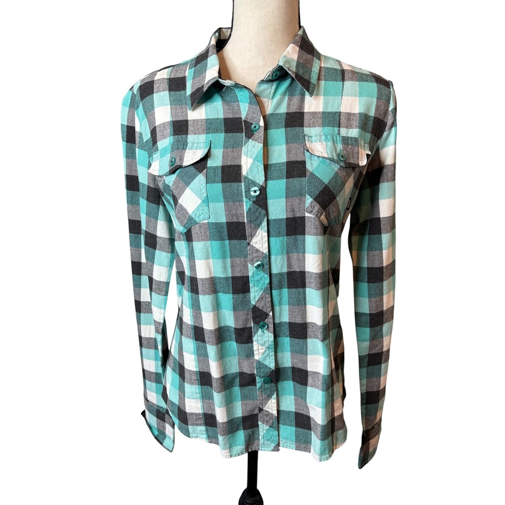 Vans Off The Wall Teal Black Buffalo Plaid Flannel Button Down Shirt Small